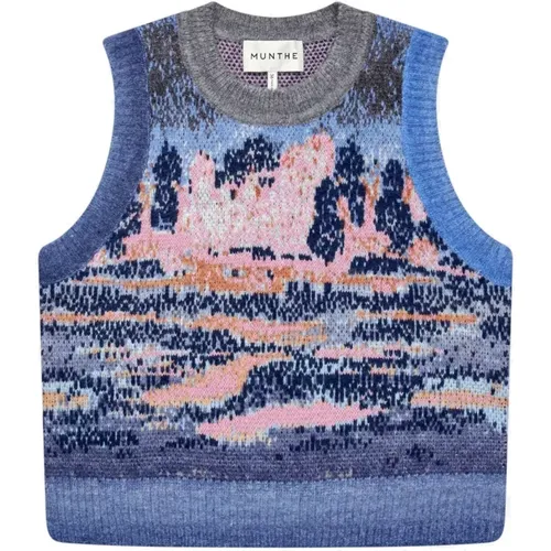 Blau gestrickte Weste mit Landschaftsmuster , Damen, Größe: 2XL - Munthe - Modalova