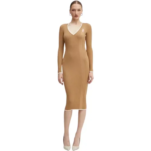 Geripptes V-Ausschnitt Midi-Kleid , Damen, Größe: M - Elisabetta Franchi - Modalova