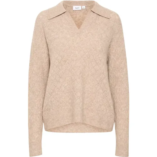Soft Knit Sweater with V-Neck and Hole Pattern , female, Sizes: 2XL, L, S, XL, M - Saint Tropez - Modalova