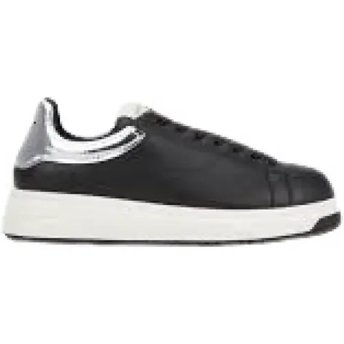 Schwarze Ledersneakers mit Silbernen Spiegelnden Rückeneinsatz und Adlerlogo , Herren, Größe: 41 EU - Emporio Armani - Modalova