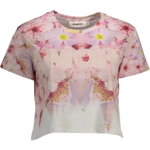 Schickes Rosa Besticktes Baumwoll-T-Shirt , Damen, Größe: S - Desigual - Modalova