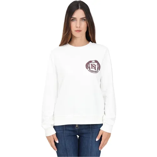 Weißes Crewneck Sweatshirt Casual Herbst Winter,Ivory Pullover mit Frontlogo - Elisabetta Franchi - Modalova