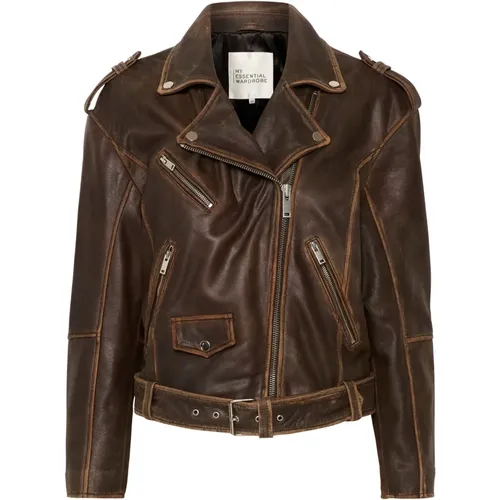 Braune Retro Wash Leder Bikerjacke - My Essential Wardrobe - Modalova