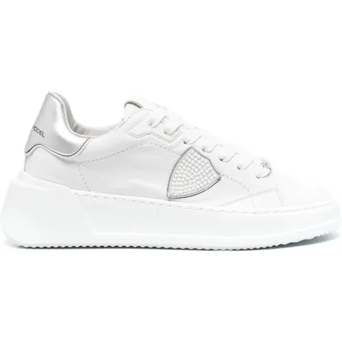 Weiße Leder Sneakers Logo Plakette , Damen, Größe: 37 EU - Philippe Model - Modalova