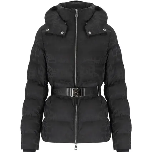 Schwarze gesteppte Jacke mit Jacquard-Nylon und Gürtel - Elisabetta Franchi - Modalova