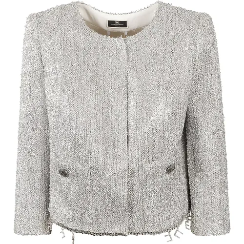 Silver Tweed Outerwear Crystal Embellished , female, Sizes: L - Elisabetta Franchi - Modalova