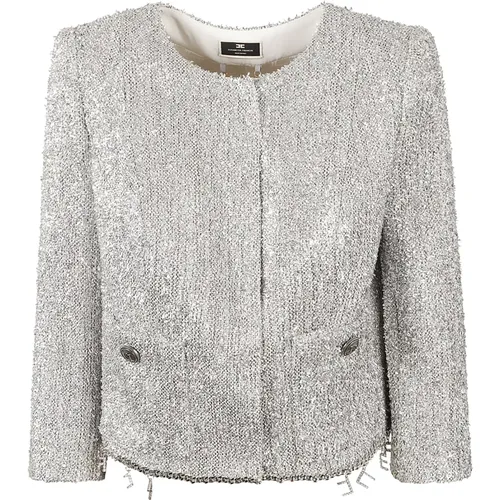 Silver Tweed Outerwear Crystal Embellished , female, Sizes: L, M - Elisabetta Franchi - Modalova