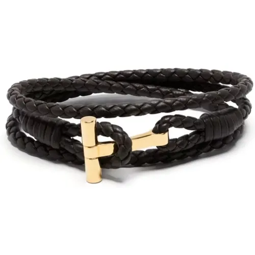 Dark Leather Bracelet with Gold Metal Buckle , male, Sizes: L - Tom Ford - Modalova