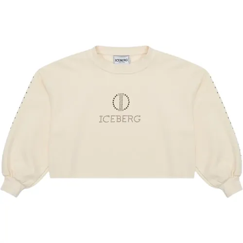 Kids - Cream-colored crop sweatshirt with studs and logo - Iceberg - Modalova