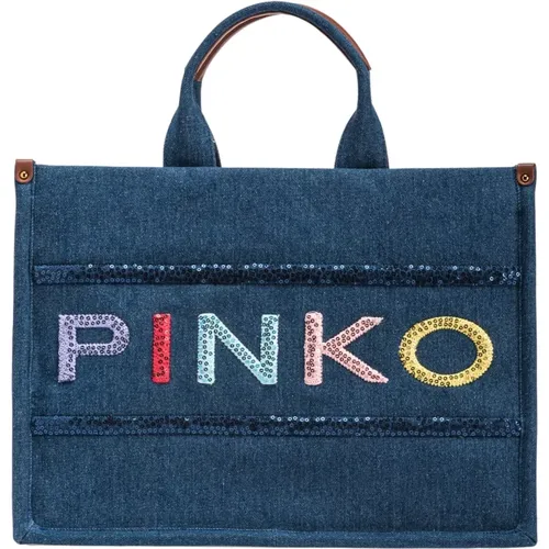 Shopper Denim Logo Pailletten Pinko - pinko - Modalova
