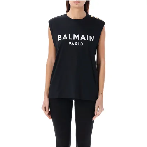 Klassisches Tanktop,Sleeveless Tops,Schwarzes Tanktop mit -Print,T-Shirt aus Öko-Baumwolle mit aufgedrucktem -Logo - Balmain - Modalova