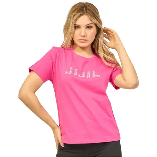 Fuchsia Baumwoll Rundhals T-shirt mit Strass Logo , Damen, Größe: XL - Jijil - Modalova