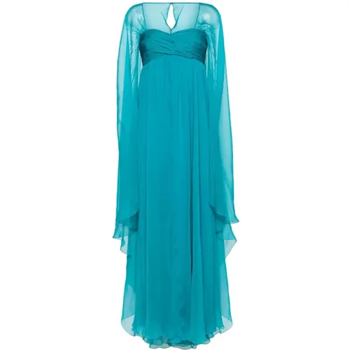 Turquoise Silk Chiffon Dress with Shoulder Shawl , female, Sizes: S - alberta ferretti - Modalova