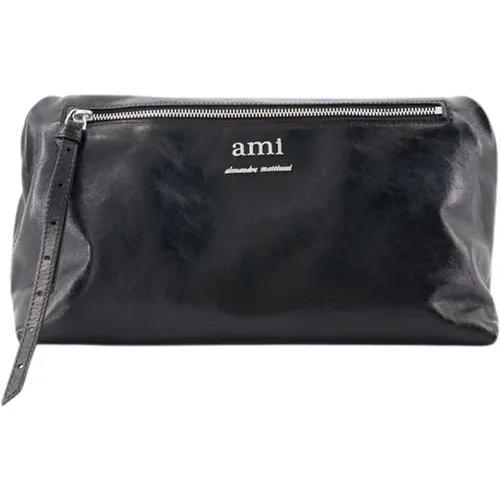 Schwarze Leder Shopper Tasche mit Schultergurt , Damen, Größe: ONE Size - Ami Paris - Modalova