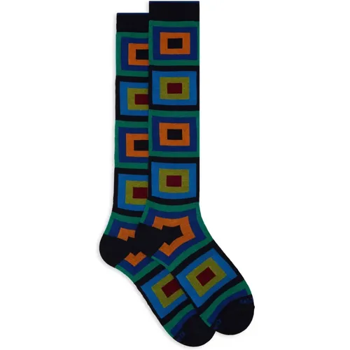 Damen lange blaue Baumwollsocken mit konzentrischem Quadratmotiv - Gallo - Modalova