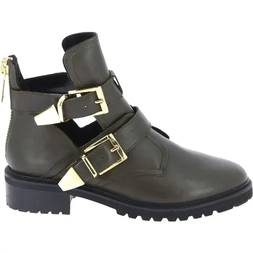 Kaki Leather Buckle Zip Ankle Boots , female, Sizes: 3 UK, 3 1/2 UK - Steve Madden - Modalova
