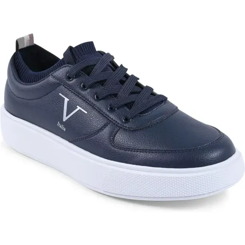 Navy Synthetic Leather Sneaker , male, Sizes: 6 UK, 8 UK, 10 UK, 7 UK, 5 UK, 9 UK, 12 UK, 11 UK - 19v69 Italia - Modalova