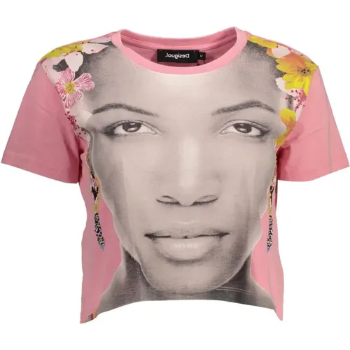 Stilvolles Rosa Verziertes Baumwoll-T-Shirt , Damen, Größe: XL - Desigual - Modalova
