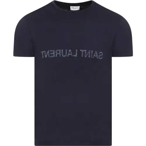 Blau Reverse Logo Baumwoll T-Shirt , Herren, Größe: M - Saint Laurent - Modalova