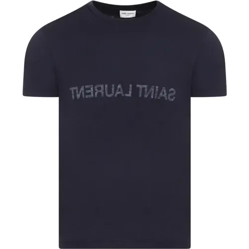 Blau Reverse Logo Baumwoll T-Shirt , Herren, Größe: S - Saint Laurent - Modalova