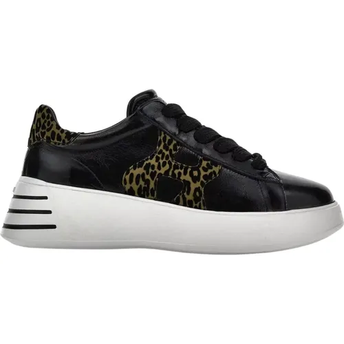 Schwarze+Animalier Sneakers mit weichen und raffinierten Linien , Damen, Größe: 34 EU - Hogan - Modalova