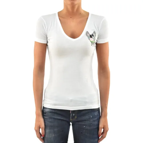 Multicolor Leather V-Neck Women`s T-Shirt with Swarovski Details , female, Sizes: L - Dsquared2 - Modalova