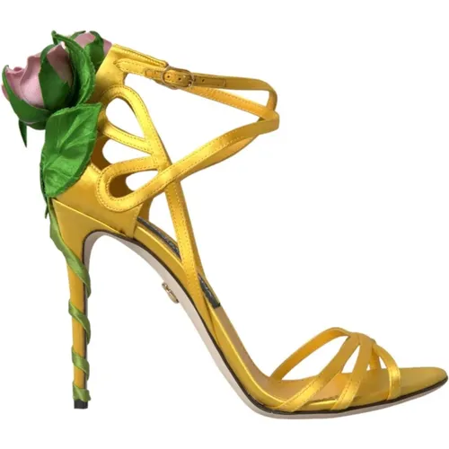 Gelbe Blumen Satin Absatz Sandalen - Dolce & Gabbana - Modalova