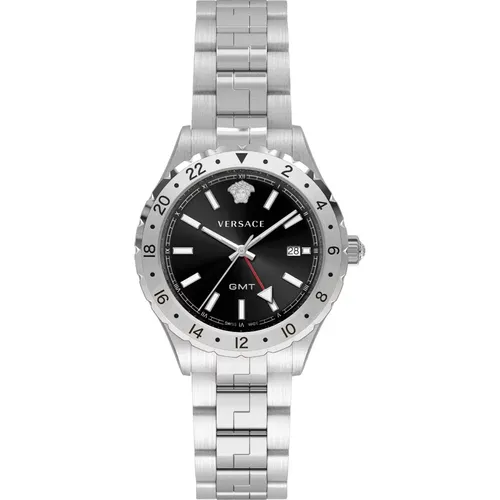 Hellenyium GMT Silver/Black Watch , male, Sizes: ONE SIZE - Versace - Modalova