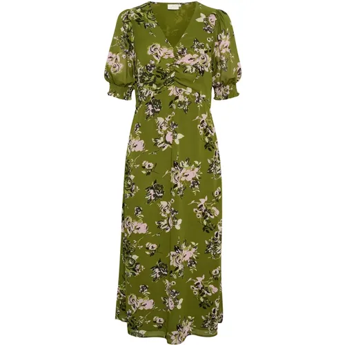 Grünes Stencil Blumenmuster Kleid , Damen, Größe: M - Kaffe - Modalova