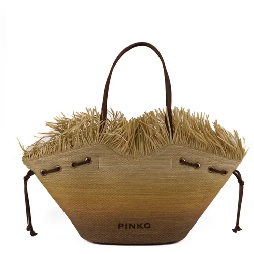 Raffia Grande Shopping Bag with Fringes , female, Sizes: ONE SIZE - pinko - Modalova