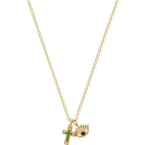 Men`s Golden Talisman Necklace with Mini Cross and Evil Eye Pendant - Nialaya - Modalova