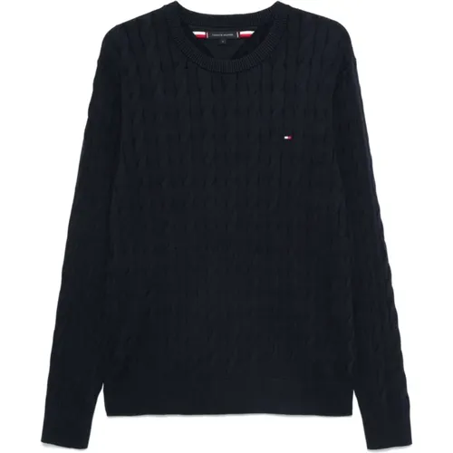 Blauer Zopfmuster Pullover , Herren, Größe: L - Tommy Hilfiger - Modalova