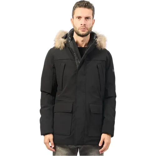 Schwarzer Parka mit Kunstpelzkapuze , Herren, Größe: 2XL - YES ZEE - Modalova