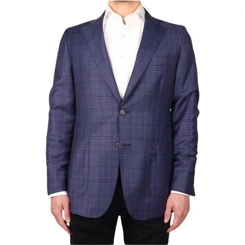 Blaue Tartan Wollblazer , Herren, Größe: L - Made in Italia - Modalova