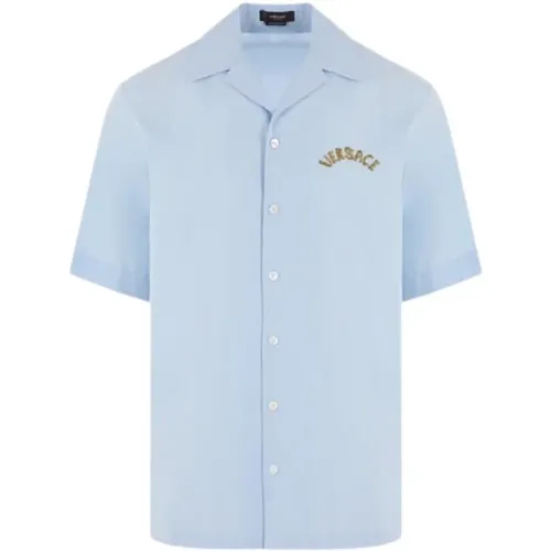 Blaues Bowlinghemd mit Logo-Stickerei , Herren, Größe: L - Versace - Modalova
