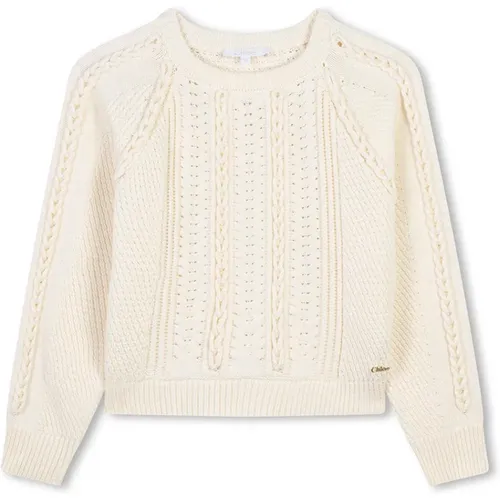 Weiße Zopfmuster Rundhals Pullover - Chloé - Modalova