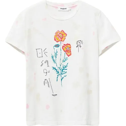 Blumiges Rundhals T-Shirt , Damen, Größe: XS - Desigual - Modalova