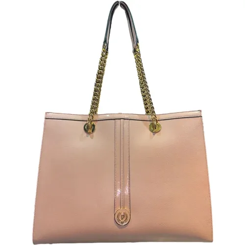 Nude Shoulder Bag with Patent Inserts and Golden Metal Logo , female, Sizes: ONE SIZE - Pollini - Modalova