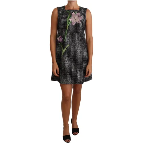 Houndstooth Floral Appliqué Shift Mini Dress , female, Sizes: S - Dolce & Gabbana - Modalova