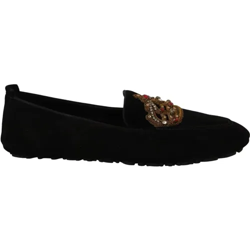 Elegante Schwarze Leder Loafer Slides mit Goldstickerei - Dolce & Gabbana - Modalova