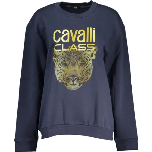 Blauer Langarm Bestickter Pullover , Damen, Größe: L - Cavalli Class - Modalova