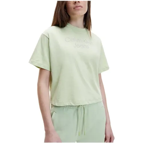 Grünes Pastell besticktes T-Shirt , Damen, Größe: L - Calvin Klein - Modalova