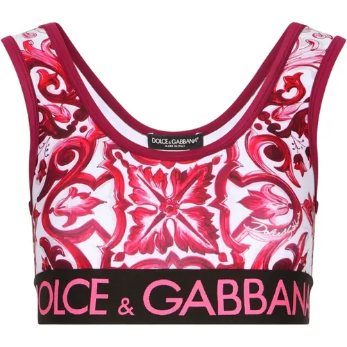 Majolika-Print Crop Top,Majolika Print Ärmelloses Top Weiß Fuchsia - Dolce & Gabbana - Modalova