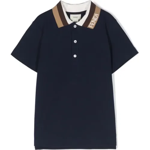 Schwarze Kinder T-Shirts und Polos,Blaues Junior Polo mit Logo Details - Fendi - Modalova