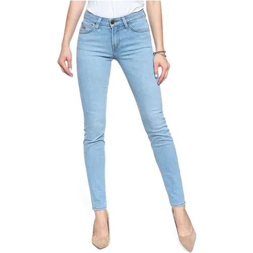 Blaue Skinny Jeans mit hoher Taille und aufgenähtem Logo , Damen, Größe: W28 L33 - Lee - Modalova