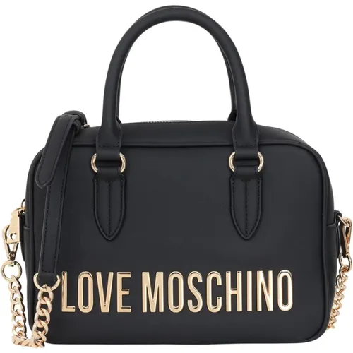 Schwarze Damenhandtasche mit goldener Beschriftung und Kettenriemen,Handtasche - Love Moschino - Modalova