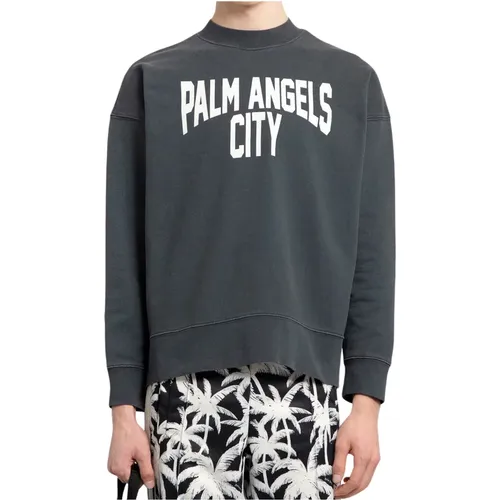 Stadt Gewaschen Crew Dunkelgrauer Sweatshirt , Herren, Größe: M - Palm Angels - Modalova