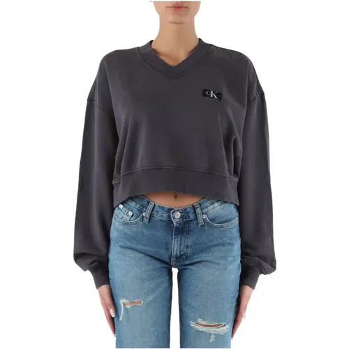 Baumwoll V-Ausschnitt Sweatshirt mit Logo-Patch , Damen, Größe: M - Calvin Klein Jeans - Modalova