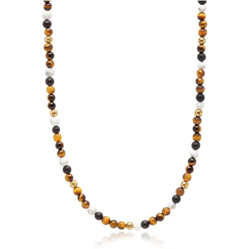 Beaded Necklace with Tiger Eye, Howlite, and Onyx , male, Sizes: ONE SIZE - Nialaya - Modalova