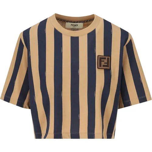 Striped Crochet Logo T-shirt , female, Sizes: L - Fendi - Modalova